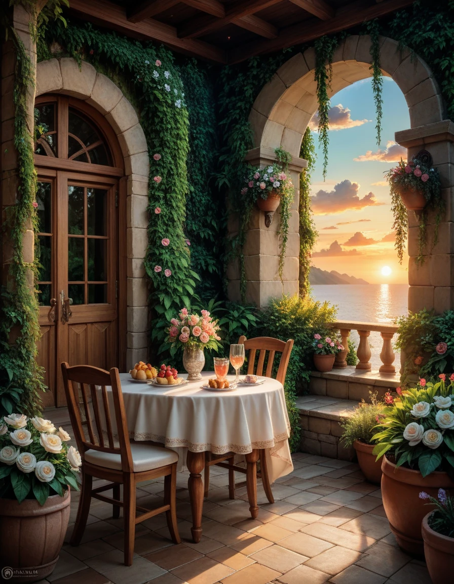  panoramic view of the patio with table ,  chairs and table with flowers , A beautiful place,  paradise in the background  , beautiful view , warm beautiful scene,  Beautiful and aesthetic , sunset time,  perfect landscape ,  beautiful and breathtaking sunset ,  incredibly beautiful , peaceful and peaceful , magnificent view,  stunning nature in the background , beautiful landscape, , летняя обстановка  realistic image , masterpiece,  artwork ,  hyperrealistic, rendering ,  realistic physical rendering ,  photorealistic rendering ,  highly detailed ,  high-quality render ,  architectural rendering ,  very realistic 3D render ,  realistic image 