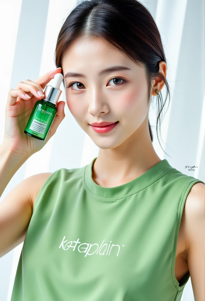 A professional skincare product advertisement featuring a model with flawless, radiant skin holding a green serum bottle near her face. The model wears a green, sleeveless top that matches the product’s color scheme, emphasizing harmony and freshness. The setting is a clean, minimalistic white background with bright, even lighting to highlight the model’s natural beauty and the product’s details. The logo ‘rataplan’ and ‘Seoul’ are displayed prominently on the outfit, giving a modern, high-end brand aesthetic.