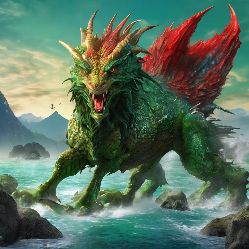 Four-legged monster with kirin body, all body covered with green scales, the feet are a horse's hoof, the head is a deer-horned dragon, it has a beard, the tail is a red fish-tail, the tongue is black birthmark. High Resolution, Masterpiece, High Details, Looking at the sky, isolate rocky island