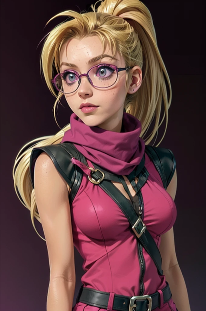 1girl, ((deep tan skin)), (glasses), freckles, eyebrow scar, (((blonde hair))), two-tone hair, dark fuchsia tips, dark fuchsia highlights, (dark fuchsia eyes), wild hair, (((ponytail))), dark fuchsia clothes, dark orange clothes, flat chest, small breasts, large mauve scarf, asymmetrical gloves, belts, greenscreen background, blank background