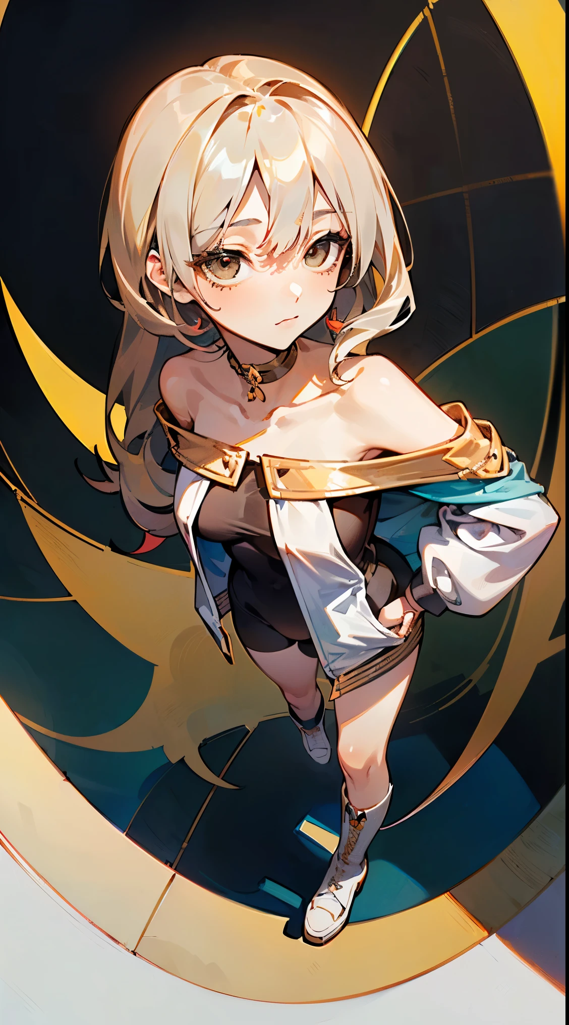 (geometric:1.1), ((1 anime girl, amazing, cute girl)), (Masterpiece, Best quality, Beautiful and aesthetic:1.2),((Ultra-high resolution, Golden ratio)), (Physically-based rendering), Sharp focus, (((high detail skin))), Intricately detailed clothing, Delicate pupils, Danfeng Eye,((((multicolor hair, cold detailed hair, long hair)))), Slender, geometric eyes :1.1, ((extremely_Detailed_eyes_and_face)), long eyelash, (masterpiece side lighting), (Dynamic configuration: 1.2), Perfect Anatomy, Eyeliner, nsfw, sharp eyes, choker, light smile, hair adornments, fit thighs, thigh gap, (((8k wallpaper of extremely detailed CG unit:1.2, masterpiece, hight resolution:1.2, top-quality:1.2, masutepiece))), ((a very beautiful woman, Hands in pockets:1.8, Grunge Fashion:1.2, wear a blouson:1.2, wearing boots)), ((extra detailed face, Highly detailed black eyes, extra detailed body, Top quality real texture skins)), (A dark-haired, length hair, de pele branca, Small:1.2, exposed shoulders), ((Colorful geometric patterns are painted all over the wall., Colorful wall)), (high-angle:1.2, a closeup, Fisheye:1.3), hyper realisitic, digitial painting,
