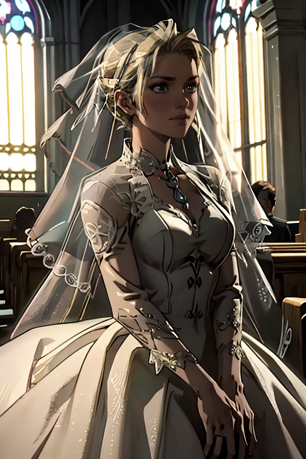 masterpiece, best quality:1.3)MortalSonyaBlade, 1girl, solo, blonde hair, wearing a wedding dress, bridal veil, inside a church