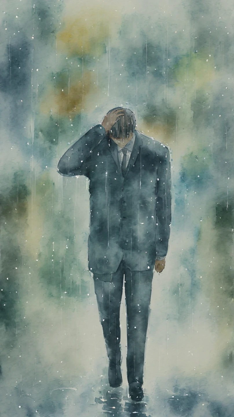 watercolor painting of a man in suit in the rain. full body shot of the man who is soaked under the rain. he tilts his head up to face the rain, the rainwater flows down his face. he is walking in the street, holding his hands out to feel the rain. watercolor brushes stroke painting style. the sky is dark.