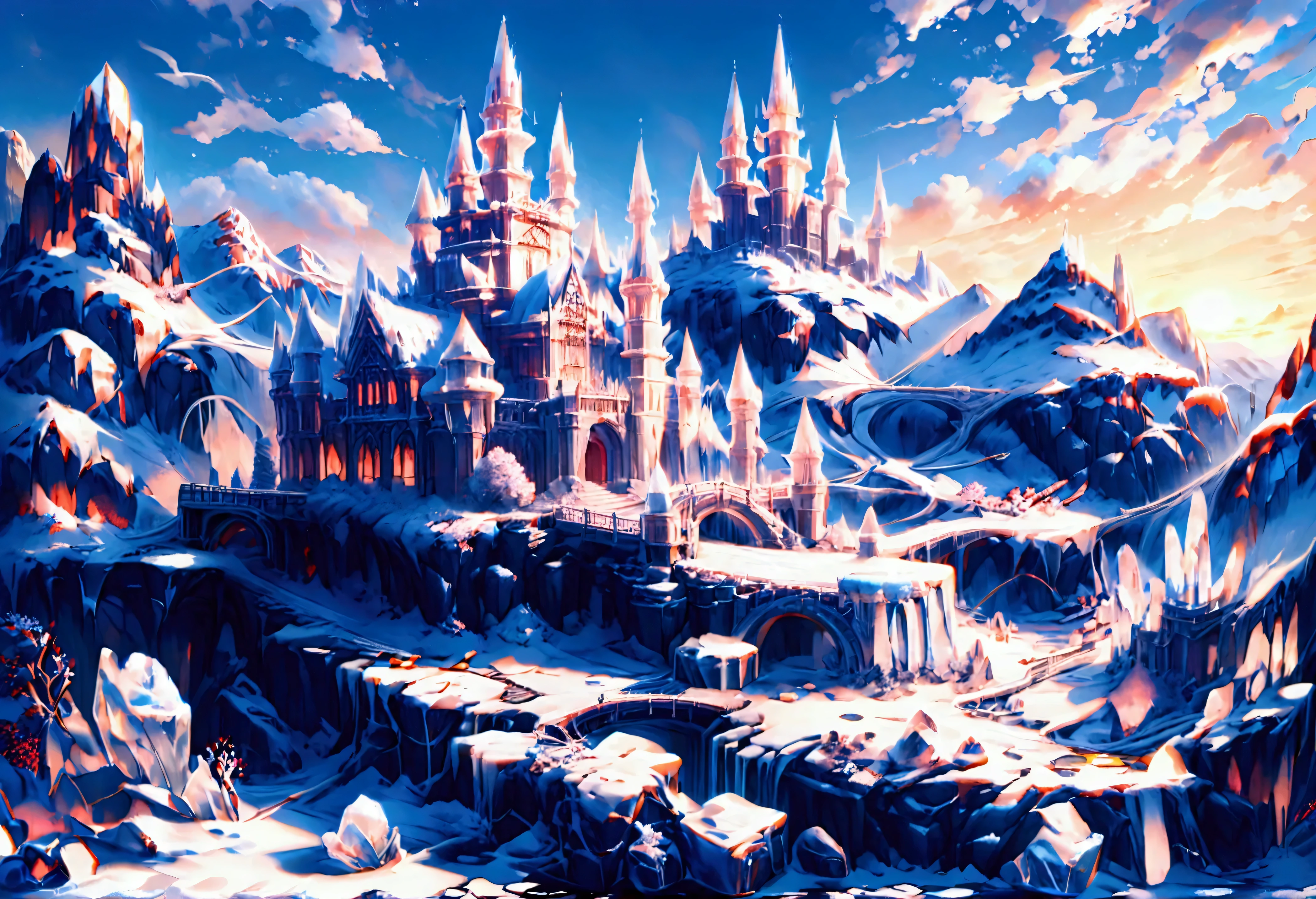 a panoramic award winning photography, Photorealistic, extremely detailed of a castle (made from ice: 1.3) standing on the peak of a snowy mountain, an impressive best detailed castle made from ice (Photorealistic, extremely detailed), with towers, bridges, a moat, standing on top of a snowy mountain (masterpiece, extremely detailed, best quality), with red trees, orange trees, sunset light, some clouds in the air,  alpine mountain range background, best realistic, best details, best quality, 16k, [ultra detailed], masterpiece, best quality, (extremely detailed), ultra wide shot, photorealism, depth of field, made of ais-icebaby, FlshfrGR
