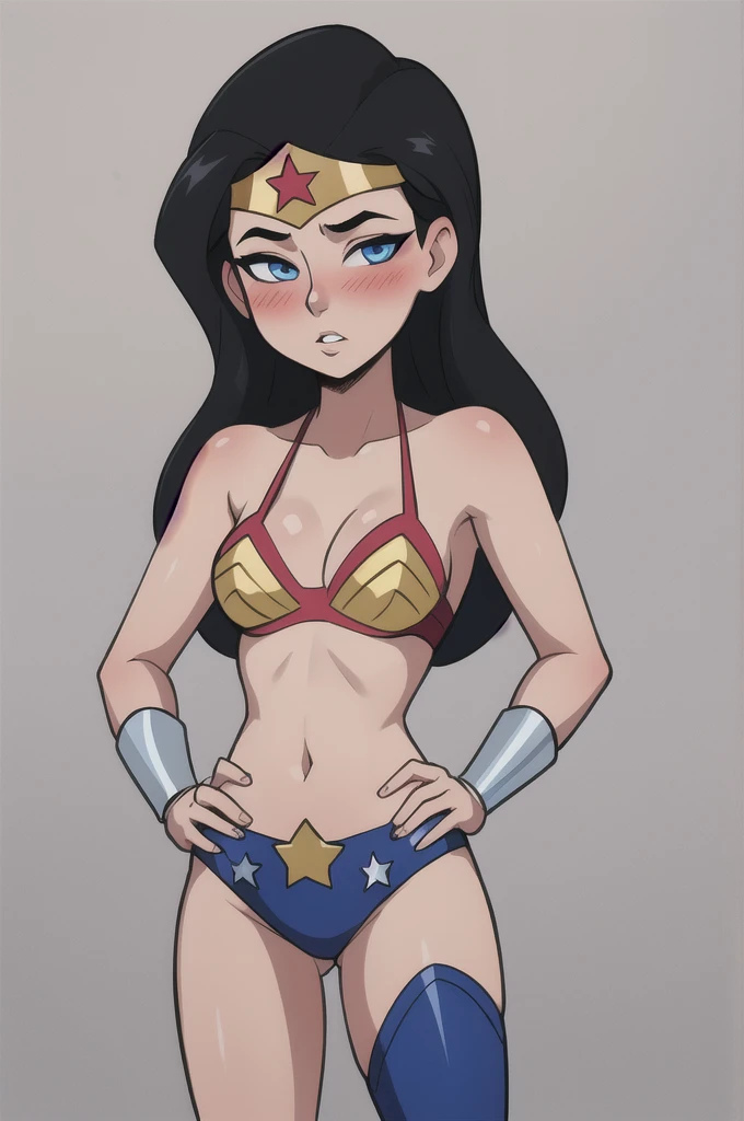 masterpiece, best quality, 1girl, upper body, looking at viewer, contrapposto, hand on hip, wonderwoman, parted lips, contempt, half-closed eyes, blush, black hair, long hair, blue eyes, medium breasts, bikini 