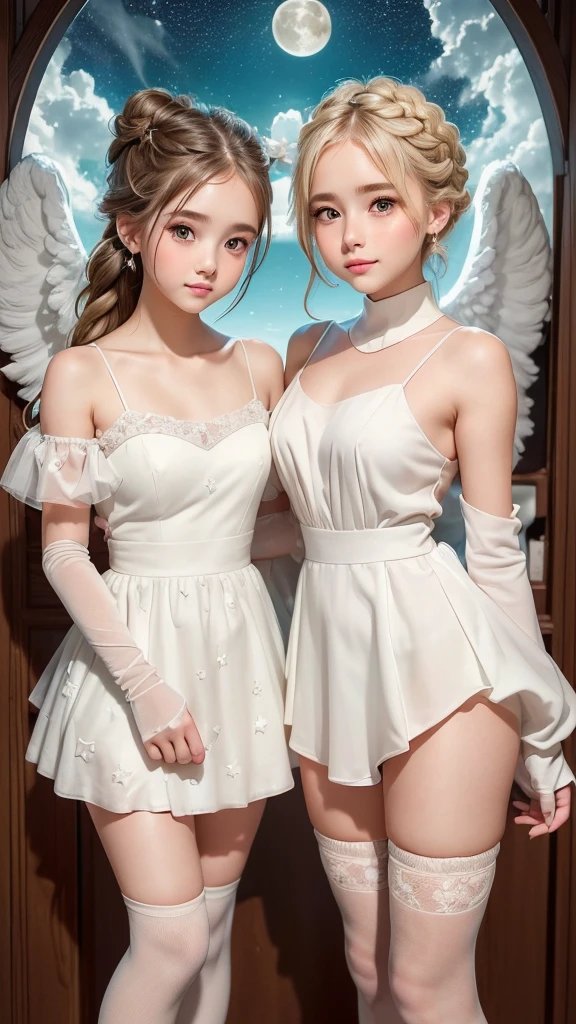 (Two very cute girls:1.3), ((Best Quality)), ((masterpiece)), (detailed), (French braid), (blonde hair), Romantic low bun, Elbow gloves, Small breasts, vintage slip, knee high socks with frill, (Blushed), (cheek:1.3), shame, Confused, earrings, Silky white skin, Thin eyebrows, (bright halo above the head:1.1), (angel's wing), dark background, stars, moon