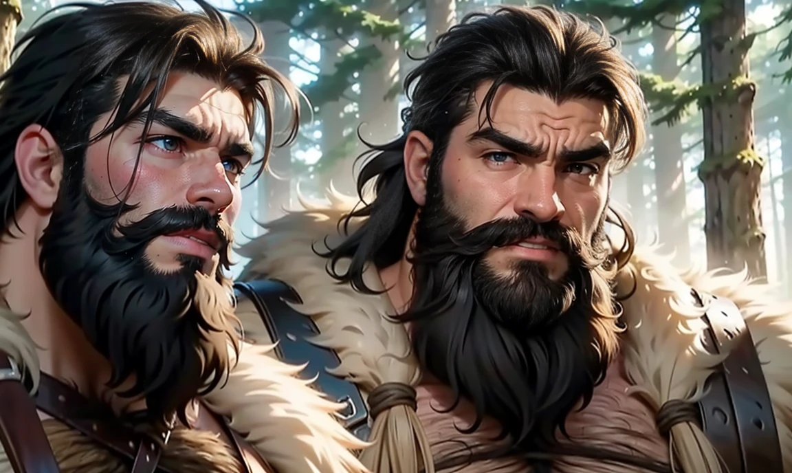 realistic. close-up Group of extremely-hairy hulking sexy handsome unique Neolithic brothers wearing fur wraps and carrying Neolithic weapons. long wild messy masculine hair. grizzled beard. heavy brow ridges with very thick monobrows. thick lips. very hairy chests. looming over you, looking down at you. suspicious expression. Neolithic sunny forest background.