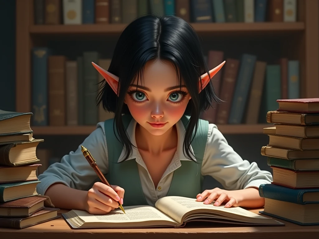 cuteadult half elf female studying with short dark hair and blue eyeshort dark hair and blue eyes