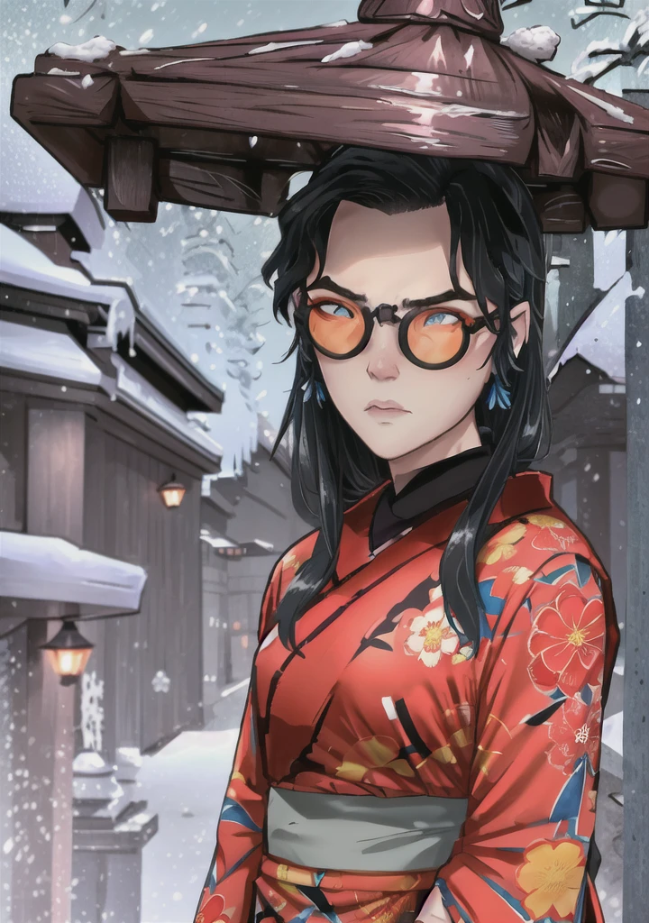 1girl, mizuOC (sitting:1.2),  ,very angry, (1girl, blue eyes, black hair, japanese clothes, blue kimono:1.2) looking at viewer, (orange glasses, chinese hat:1.2), from below, 
(detailed landscape, japanese temple, night, winter, snow, tree:1.2),(cowboy shot:1.2), (dynamic pose:1.2), (dark atmosphere, wind),
(masterpiece:1.2), (best quality, highest quality), (ultra detailed), (8k, 4k, intricate), (50mm),
  