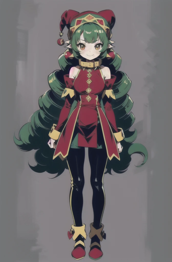 (masterpiece, ultra-detailed, high resolution, best quality:1.2), (anime, simple background, plain background, RPG character, concept art), (full body, 1girl), (loli:1.4), ((wave drill hair:1.2), long wavy drill hair that flows down to the waist, green hair), (bare shoulders, her arms have long false sleeves, puffy cuffs), (cute smile, brown skin, Latin), (jester makeup), (tight fitting clothes), (medieval Jester outfit:1.2), (collar), (large jester hat:1.2), (green and red outfit)