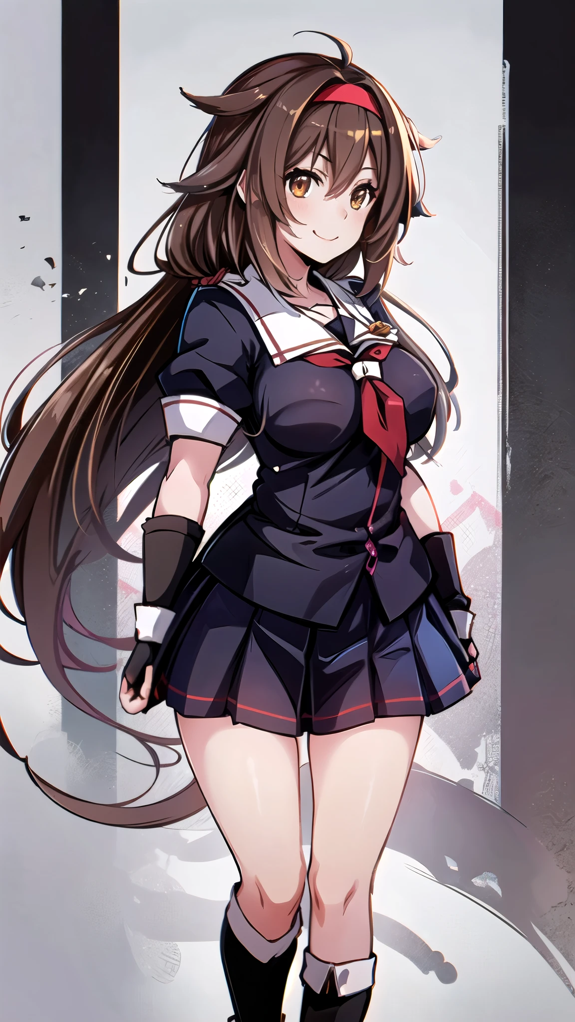  top quality,   Masterpiece  ,  high definition , 1 person, { fleet this kushon_White Dew:1.15}  brown hair、 long hair、Thighs、Short sleeve、 pleated skirt、 headband、Seraph、 Black Gloves 、Fingerless gloves、  black skirt 、 neckerchief 、medium breast、 white background 、 full body view、smile、