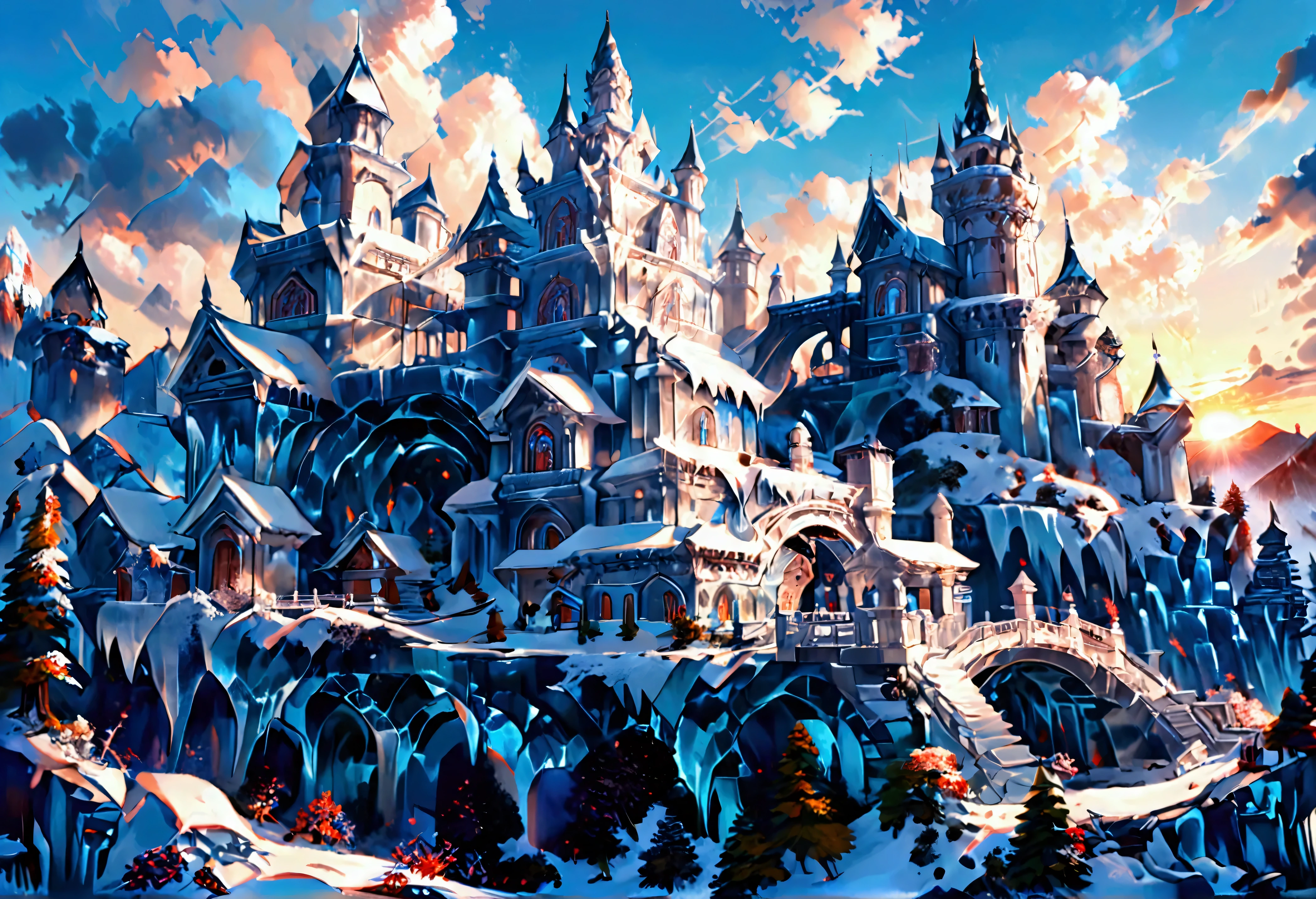 a panoramic award winning photography, Photorealistic, extremely detailed of a castle (made from ice: 1.3) standing on the peak of a snowy mountain, an impressive best detailed castle made from ice (Photorealistic, extremely detailed), with towers, bridges, a moat, standing on top of a snowy mountain (masterpiece, extremely detailed, best quality), with pine trees, sunset light, some clouds in the air,  alpine mountain range background, best realistic, best details, best quality, 16k, [ultra detailed], masterpiece, best quality, (extremely detailed), ultra wide shot, photorealism, depth of field, made of icecarvingcd_xl
