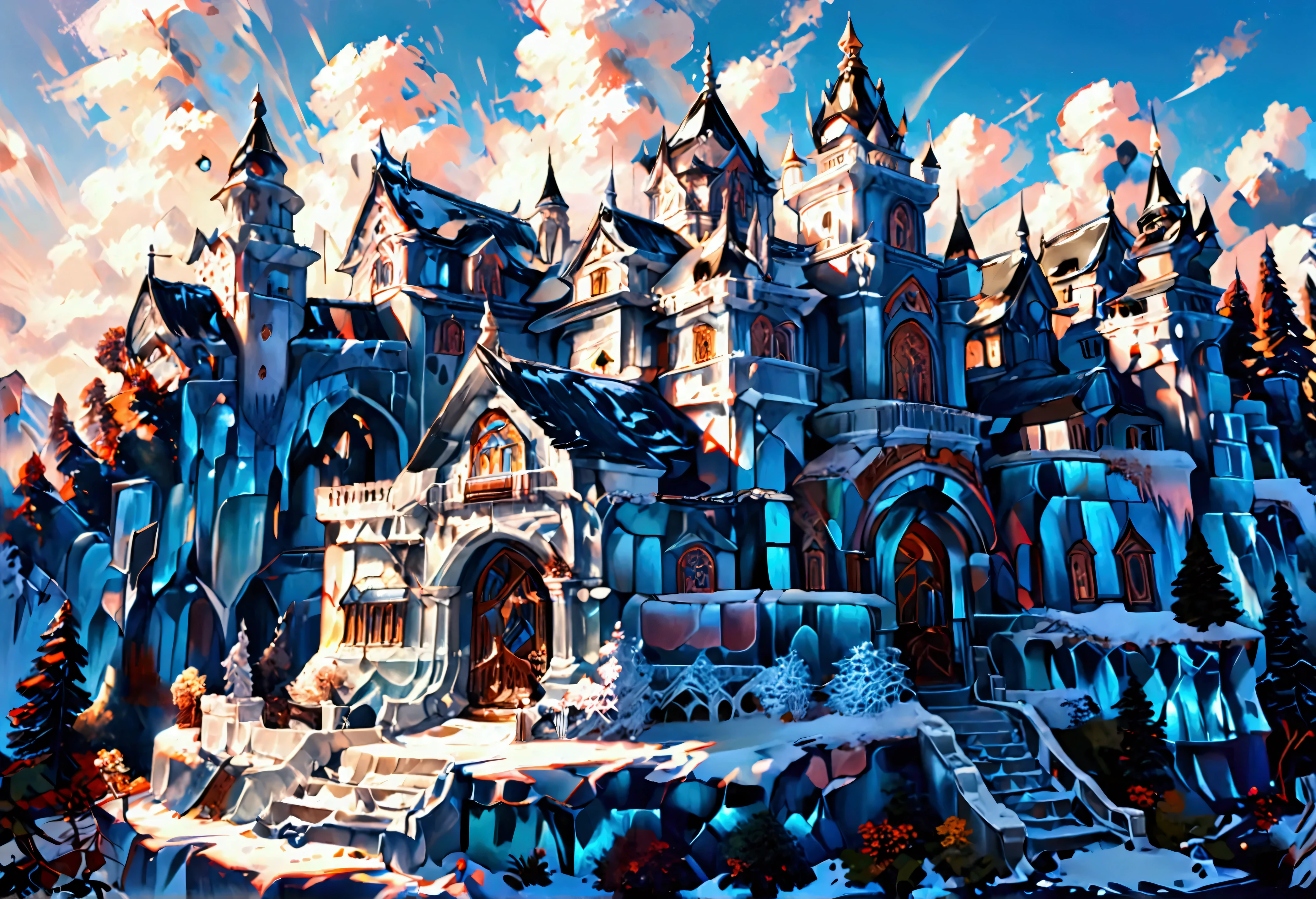 a panoramic award winning photography, Photorealistic, extremely detailed of a castle (made from ice: 1.3) standing on the peak of a snowy mountain, an impressive best detailed castle made from ice (Photorealistic, extremely detailed), with towers, bridges, a moat, standing on top of a snowy mountain (masterpiece, extremely detailed, best quality), with pine trees, sunset light, some clouds in the air,  alpine mountain range background, best realistic, best details, best quality, 16k, [ultra detailed], masterpiece, best quality, (extremely detailed), ultra wide shot, photorealism, depth of field, made of icecarvingcd_xl
