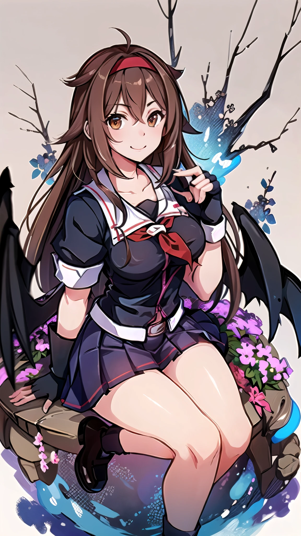  top quality,   Masterpiece  ,  high definition , 1 person, { fleet this kushon_White Dew:1.15}  brown hair、 long hair、Thighs、Short sleeve、 pleated skirt、 headband、Seraph、 Black Gloves 、Fingerless gloves、  black skirt 、 neckerchief 、medium breast、 white background 、 full body view、smile、