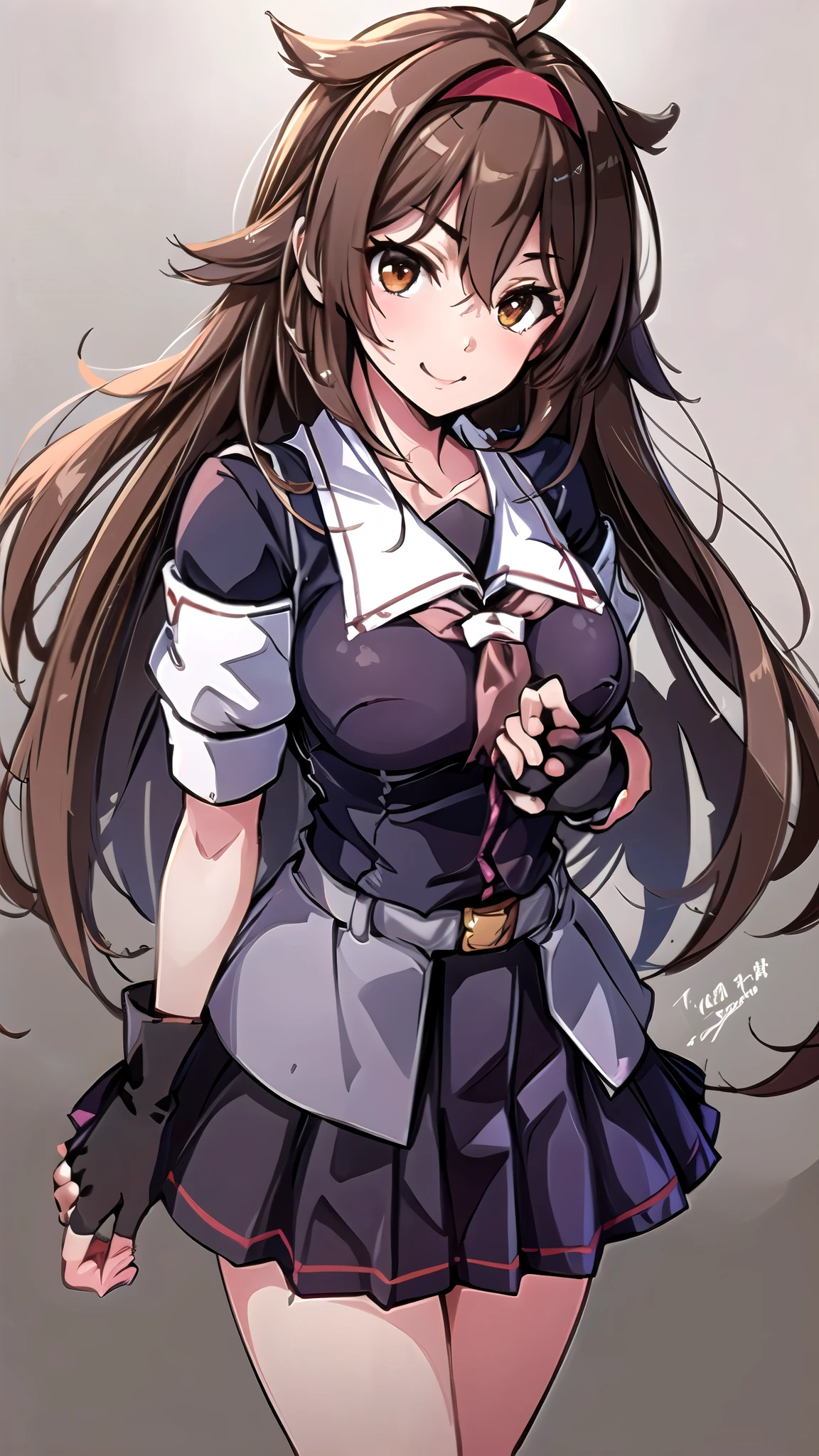  top quality,   Masterpiece  ,  high definition , 1 person, { fleet this kushon_White Dew:1.15}  brown hair、 long hair、Thighs、Short sleeve、 pleated skirt、 headband、Seraph、 Black Gloves 、Fingerless gloves、  black skirt 、 neckerchief 、medium breast、 white background 、 full body view、smile、