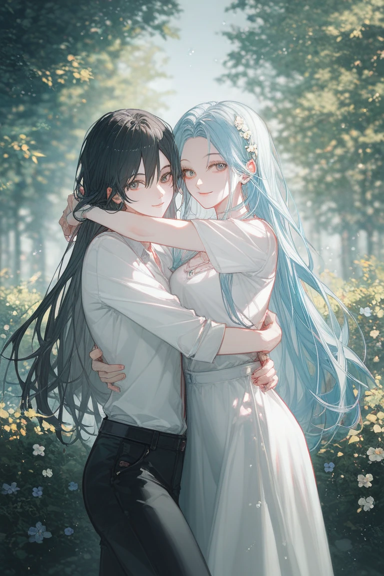 Two women with long hair, the first wearing a long-sleeved shirt and trousers, the other wearing a white dress, stood hugging each other in the park. มองที่ผู้ชม, ถูกต้องตามกายวิภาคศาสตร์, ผลงานชิ้นเอก, แสงวิบวับ, ฟอร์ช็อทเทนนิ่ง, 