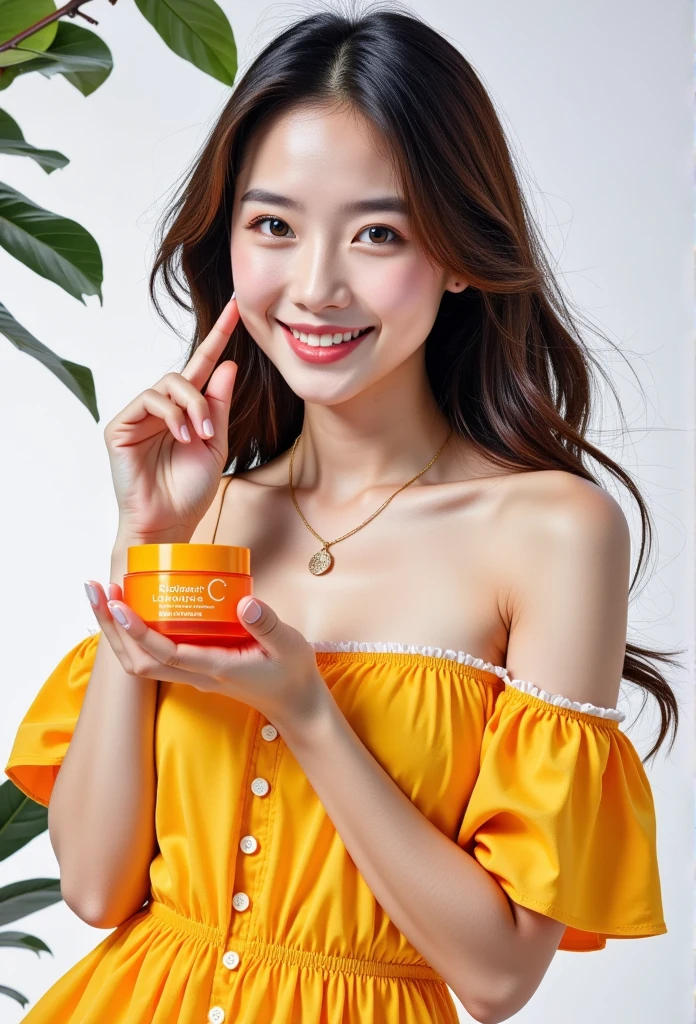 A vibrant skincare advertisement featuring a cheerful model applying cream to her cheek with her fingers. She holds an orange skincare jar labeled ‘Radian-C Cream’ in her other hand. The model has a bright, confident smile and wears a yellow puff-sleeve dress with white accents, creating a fresh and sunny vibe. The background is clean and minimalistic white, highlighting the product and the model’s glowing skin. The composition emphasizes warmth, happiness, and the product’s energizing properties.