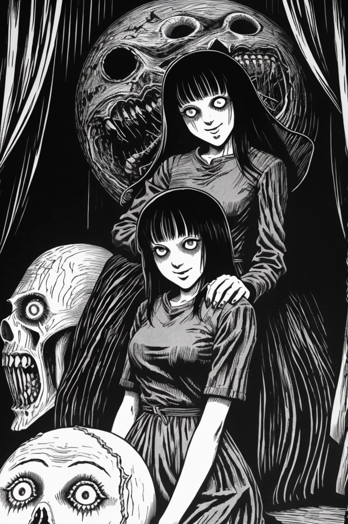 Woman, smile, sitting in tomb, surrounded by s, disgusting, creepy, nightmare, disturbing, by Junji Ito,