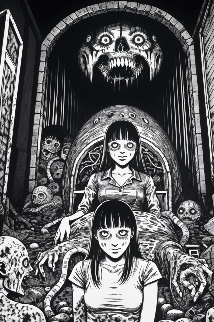 Woman, smile, sitting in tomb, surrounded by s, disgusting, creepy, nightmare, disturbing, by Junji Ito,