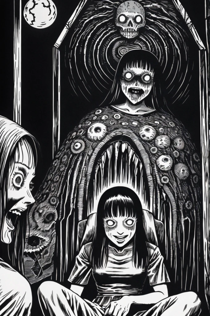 Woman, smile, sitting in tomb, surrounded by s, disgusting, creepy, nightmare, disturbing, by Junji Ito,