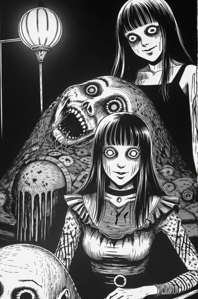 Woman, smile, sitting in tomb, surrounded by s, disgusting, creepy, nightmare, disturbing, by Junji Ito,