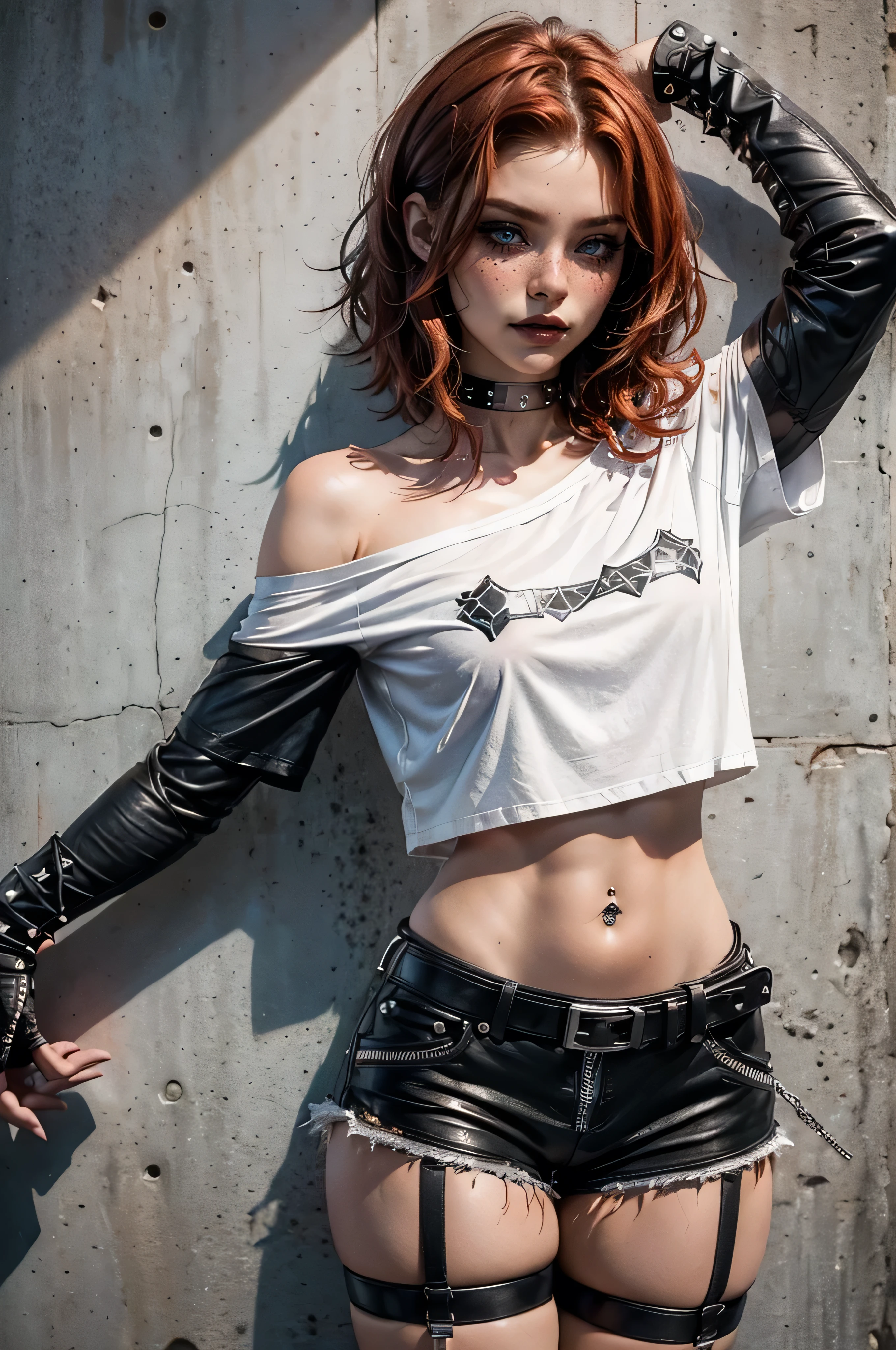 lora_Emma,a beautiful young woman with curly short red hair, freckles, attractive woman with punk outfit,(((off the shoulder white t-shirt))),ripped leather shorts,(multiple studded belts),(exposed thong straps), ((navel piercing)),heavy dark makeup,intense eyeliner, dark eyeshadow, black lipstick, studded leather collar,(ripped nylon stockings),(studded leather boots with a high heel),((long leather arm sleeves with studs and zipper)),detailed face,detailed eyes and lips,realistic,photorealistic,high quality,8k,masterpiece,vivid colors,dramatic lighting,cinematic