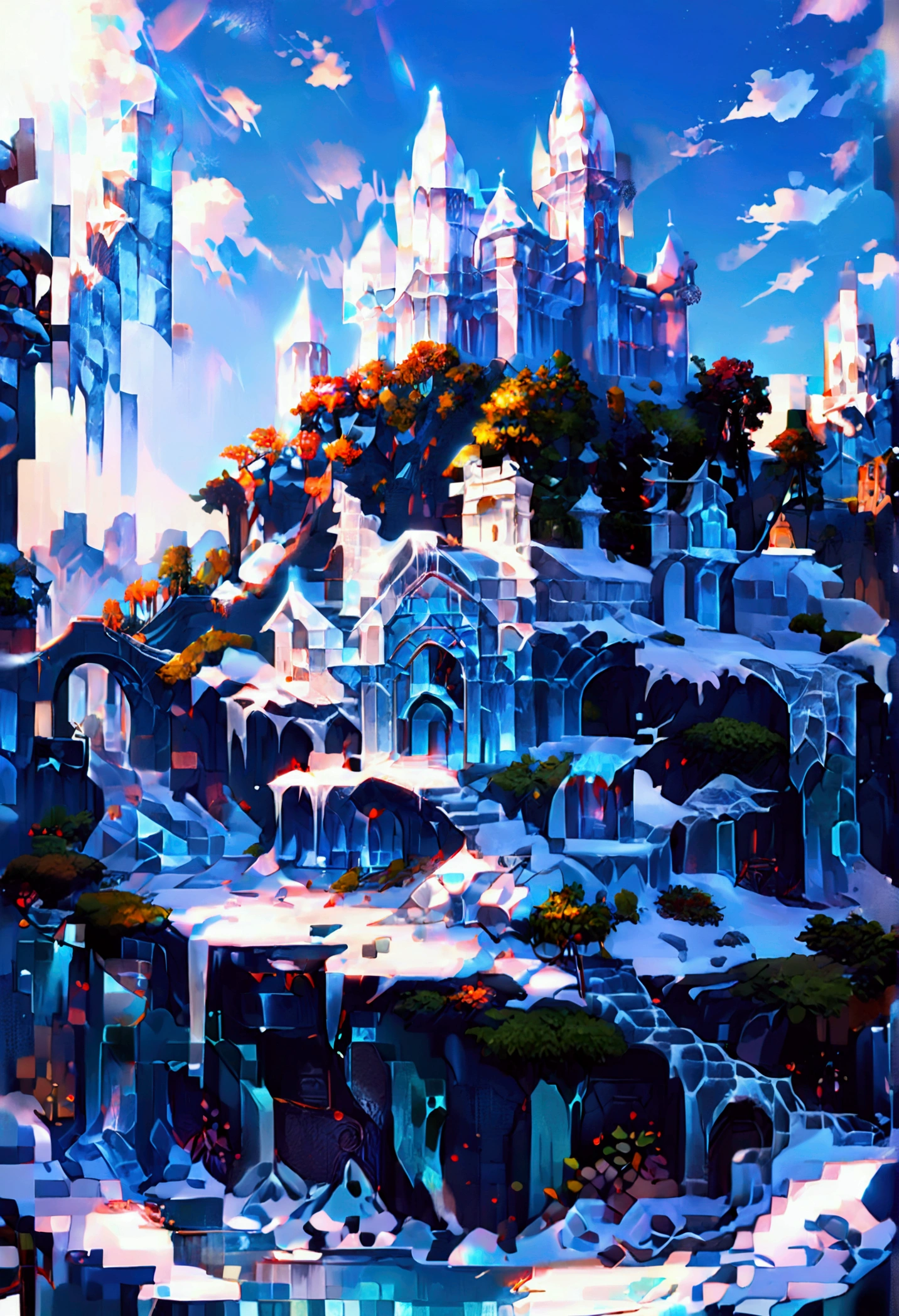 Pixel Art, a panoramic award winning photography, Photorealistic, extremely detailed of a castle (made from ice: 1.3) standing on the peak of a snowy mountain, an impressive best detailed castle made from ice (Photorealistic, extremely detailed), with towers, bridges, a moat, standing on top of a snowy mountain (masterpiece, extremely detailed, best quality), with pine trees, sunset light, some clouds in the air,  alpine mountain range background, best realistic, best details, best quality, 16k, [ultra detailed], masterpiece, best quality, (extremely detailed), ultra wide shot, photorealism, depth of field, made of icecarvingcd_xl, Pixel Art
