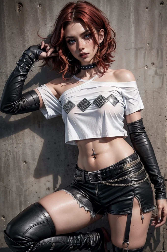 lora_Emma,a beautiful young woman with curly short red hair, freckles, attractive woman with punk outfit,(((off the shoulder white t-shirt))),ripped leather shorts,(multiple studded belts),(exposed thong straps), ((navel piercing)),((belly chain)), heavy dark makeup,intense eyeliner, dark eyeshadow, black lipstick, studded leather collar,(ripped nylon stockings),(studded leather boots with a high heel),((long leather arm sleeves with studs and zipper)),detailed face,detailed eyes and lips,realistic,photorealistic,high quality,8k,masterpiece,vivid colors,dramatic lighting,cinematic