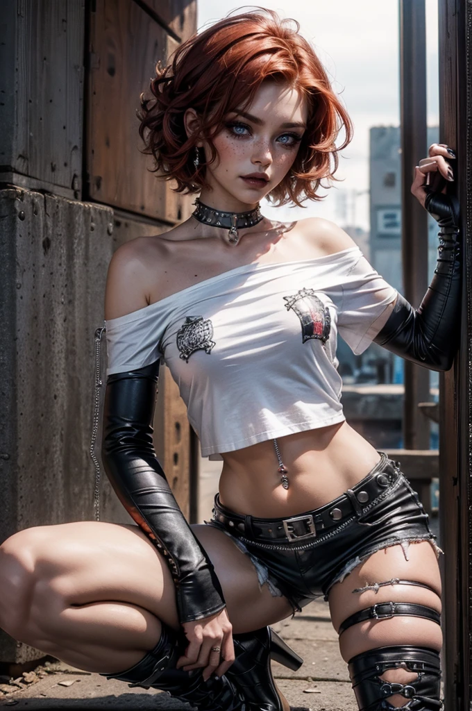 lora_Emma,a beautiful young woman with curly short red hair, freckles, attractive woman with punk outfit,(((off the shoulder white t-shirt))),ripped leather shorts,(multiple studded belts),(exposed thong straps), ((navel piercing)),((belly chain)), heavy dark makeup,intense eyeliner, dark eyeshadow, black lipstick, studded leather collar,(ripped nylon stockings),(studded leather boots with a high heel),((long leather arm sleeves with studs and zipper)),detailed face,detailed eyes and lips,realistic,photorealistic,high quality,8k,masterpiece,vivid colors,dramatic lighting,cinematic