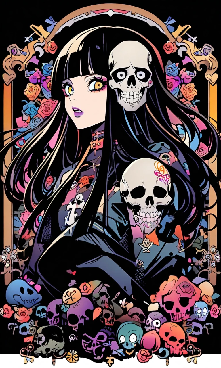 Black Hair、Black Feather、Gothic Punk、sit on a chair, cross one's legs、Throne、,anime zombie witch design, crossbones, skulls, street wear design, pro vector, Horror style, full design, 6 colors only, solid colors, no shadows, full design, sticker, bright colors, white background.super fine illustration,(((beautiful fine hair))),(((beautiful fine face))),(((beautiful fine background))),(((beautiful fine hair))),(((beautiful fine face))),(((beautiful fine background))),Midsummer、beachBlack Hair、blunt bangs、Cross-eyed