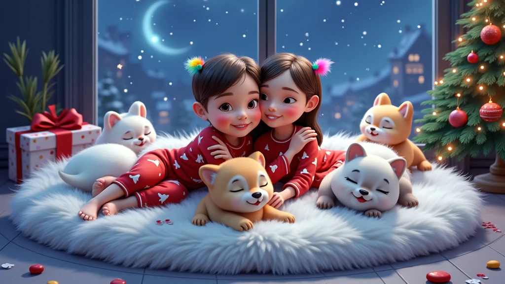 A cozy and magical scene inspired by Disney Pixar movies, posters, and 3D characters, rendered in high resolution and quality. Two siblings are lying down, peacefully sleeping on a fluffy white carpet. The boy is wearing red Christmas-themed pajamas with tree motifs, and the girl is dressed in a similar outfit, featuring a colorful feather earring. Both wear white shirts and red sweatshirts, along with white socks decorated with Christmas patterns. They are hugging each other with serene expressions and closed eyes. Around them, on the same carpet, four small animals are also peacefully sleeping with their eyes closed, all dressed in Christmas outfits: a blue kitten, a yellow kitten wearing a red-and-white Santa hat with a bell design, a pink kitten with a floral Christmas crown, and a Lhasa Apso puppy with white fur and caramel patches on its eyes and paws. In the background, a large window reveals a magical starry night, with one star shining brighter and more intensely than the rest, illuminating the scene. The setting is fully decorated in a Christmas atmosphere, featuring a Christmas tree and gifts nearby. Every detail enhances the warmth and magic of the holiday season.