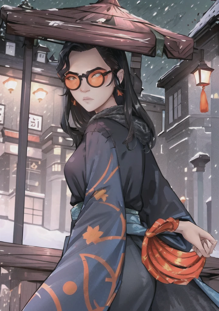 1girl, mizuOC (sitting:1.2),  ,very angry, (1girl, blue eyes, black hair, japanese clothes, blue kimono:1.2) looking at viewer, (orange glasses, chinese hat:1.2), from below, 
(detailed landscape, japanese temple, night, winter, snow, tree:1.2),(cowboy shot:1.2), (dynamic pose:1.2), (dark atmosphere, wind),
(masterpiece:1.2), (best quality, highest quality), (ultra detailed), (8k, 4k, intricate), (50mm),
  