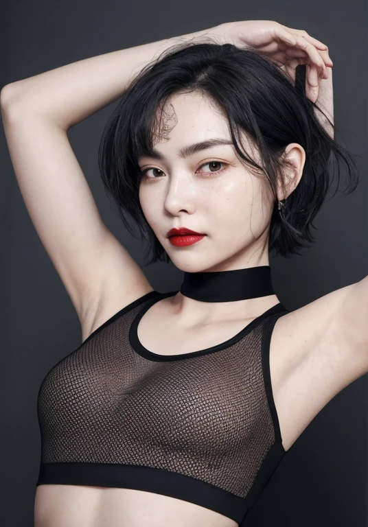 (Best quality, 8k, 32k, Masterpiece, UHD:1.hoto of glamorous Japanese woman, 1girl, ((Huge breasts :1.5)), (abs, slender figure, perfect body :1.2), medium-short hair: 1.1, (wet black erotic dress: 1.1), (indoor, night :1.2), lay down on bed, ultra-detailed face, detailed lips, detailed eyes, double eyelid