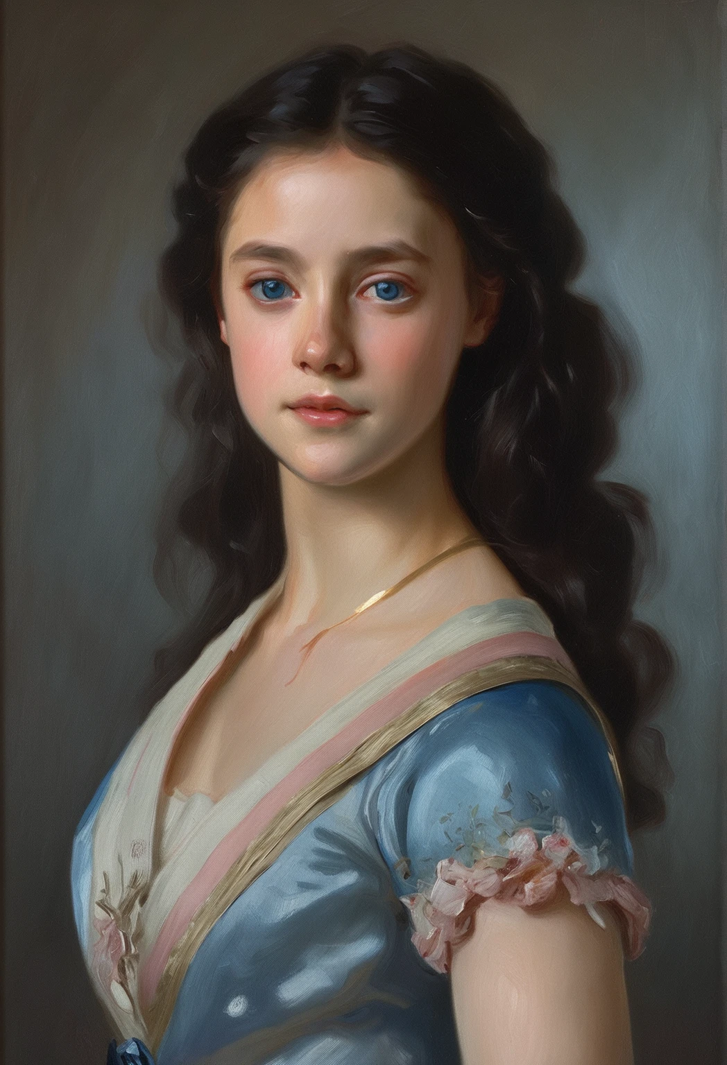 oil painting on canvas, Portrait of a beautiful young girl, dark hair, blue eyes, 18th century, Correct anatomy, Soft light, Sergeant style, Illustration by Greg Rutkowski., Vladimir Volekov