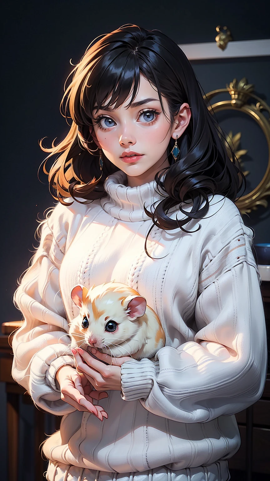 masterpiece, high quality, long curly hair, black hair, emerald eyes, 1girl, ult4s0ft, white knitted sweater with cute hamster pattern, fuzzy sweater, upper body