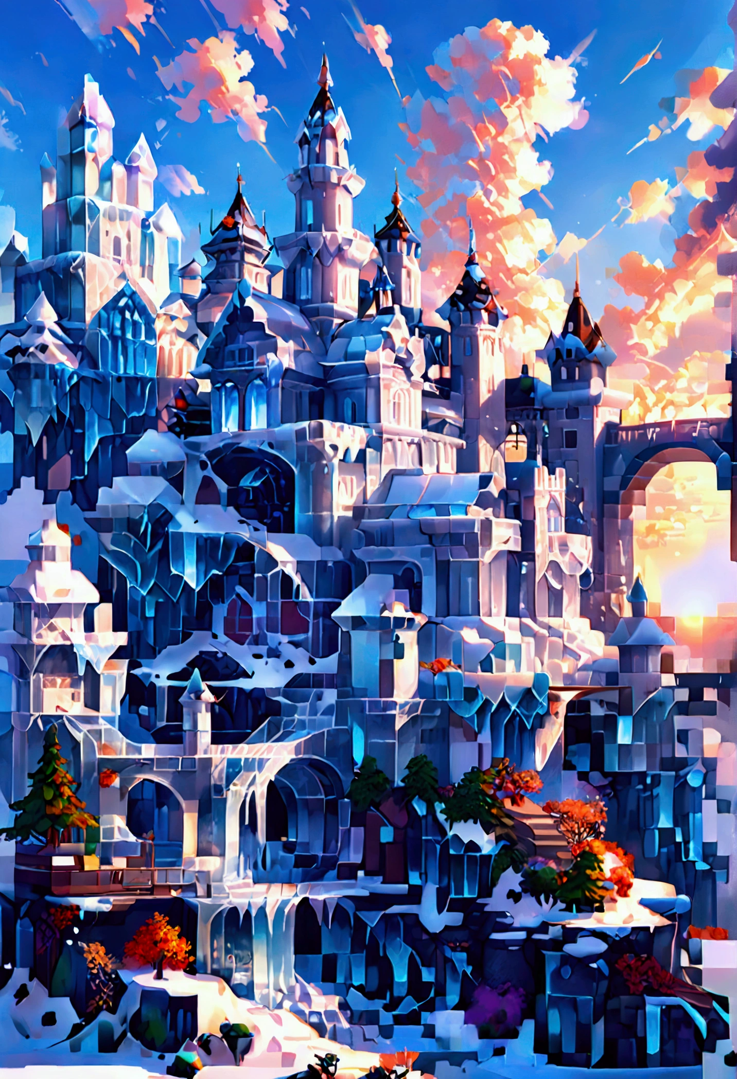 Pixel Art, a panoramic award winning photography, Photorealistic, extremely detailed of a castle (made from ice: 1.3) standing on the peak of a snowy mountain, an impressive best detailed castle made from ice (Photorealistic, extremely detailed), with towers, bridges, a moat, standing on top of a snowy mountain (masterpiece, extremely detailed, best quality), with pine trees, sunset light, some clouds in the air,  alpine mountain range background, best realistic, best details, best quality, 16k, [ultra detailed], masterpiece, best quality, (extremely detailed), ultra wide shot, photorealism, depth of field, made of icecarvingcd_xl, Pixel Art
