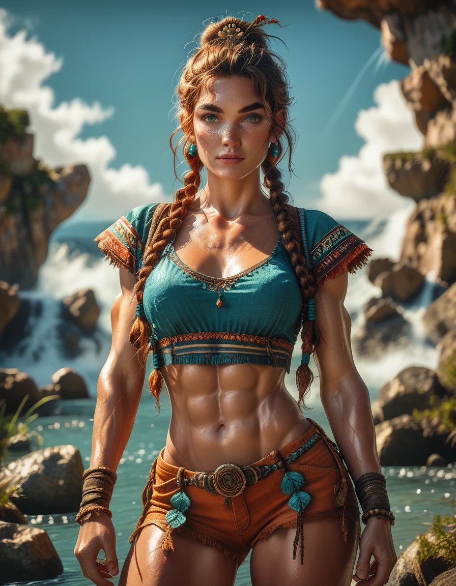 1woman, (Aloy:1.37), (Horizon Forbidden West character: Aloy:1.27), rock climber physique, reddish brown hair, braids and hair ornaments, detailed green eyes, thick eyebrows, freckles, toned muscular physique, midriff, thighs showing, ultra-detailed, detailed facial features, dynamic action pose, (cowboy shot), outdoor mountain landscape background, warm lighting, vibrant color palette, d3t41l3d