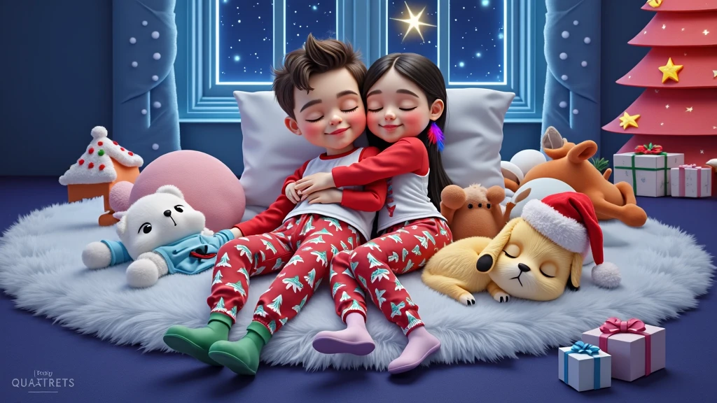 A cozy and magical scene inspired by Disney Pixar movies, posters, and 3D characters, rendered in high resolution and quality. Two siblings are lying down, peacefully sleeping on a fluffy white carpet. The boy is wearing red Christmas-themed pajamas with tree motifs, and the girl is dressed in a similar outfit, featuring a colorful feather earring. Both wear white shirts and red sweatshirts, along with white socks decorated with Christmas patterns. They are hugging each other with serene expressions and closed eyes. Around them, on the same carpet, four small animals are also peacefully sleeping with their eyes closed, all dressed in Christmas outfits: a blue kitten, a yellow kitten wearing a red-and-white Santa hat with a bell design, a pink kitten with a floral Christmas crown, and a Lhasa Apso puppy with white fur and caramel patches on its eyes and paws. In the background, a large window reveals a magical starry night, with one star shining brighter and more intensely than the rest, illuminating the scene. The setting is fully decorated in a Christmas atmosphere, featuring a Christmas tree and gifts nearby. Every detail enhances the warmth and magic of the holiday season.