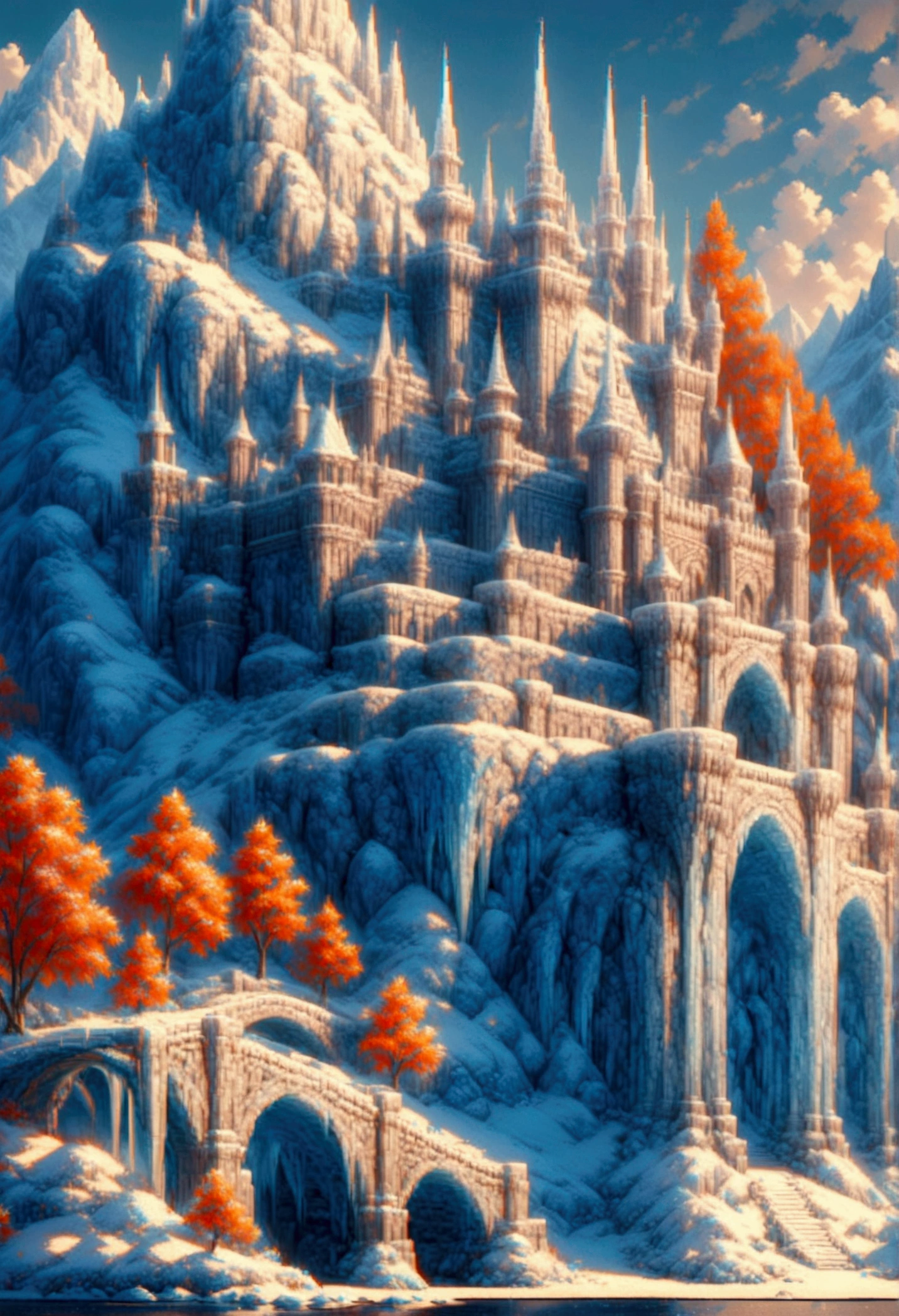 ((Pixel Art: 1.5) a panoramic award winning photography, Photorealistic, extremely detailed of a castle (made from ice: 1.3) standing on the peak of a snowy mountain, an impressive best detailed castle made from ice (Photorealistic, extremely detailed), with towers, bridges, a moat, standing on top of a snowy mountain (masterpiece, extremely detailed, best quality), with red trees, orange trees, sunset light, some clouds in the air,  alpine mountain range background, best realistic, best details, best quality, 16k, [ultra detailed], masterpiece, best quality, (extremely detailed), ultra wide shot, photorealism, depth of field, made of ais-icebaby, Pixel Art
