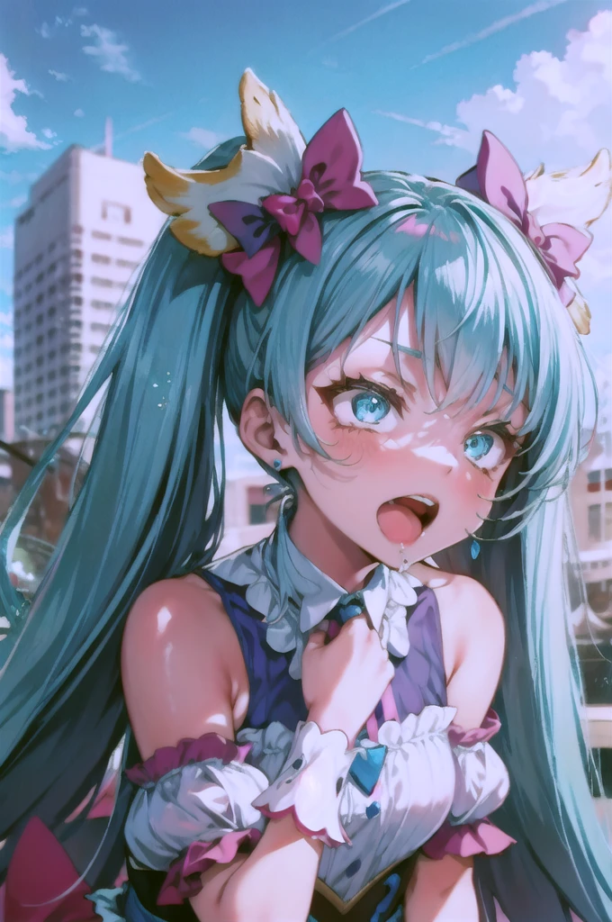 1girl, city, public, ahegao, drool, defeat, grabed head, cure sky,