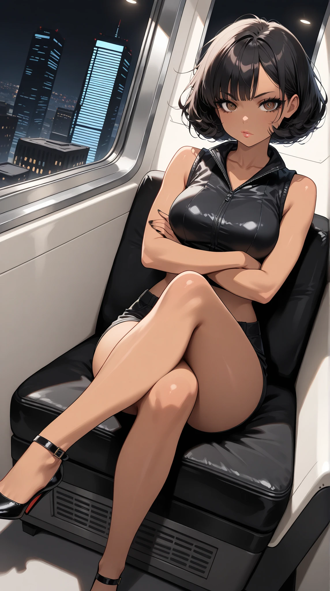 8k, (masterpiece), best quality, perfect face,perfect body, 1 woman, 1female, solo,detailed skin, tan skin, 1girl, solo, black hair, bangs,curvy, (brown eyes), ringed eyes, (crop top suit vest), suit, shorts, heels, black hair, bob cut, curly hair, messy hair, side bangs, medium breasts, dark-skinned female, dark skin,  badass, beautiful face, black eyeliner, lips, , black toes nailed, dynamic angle , long eyelashes, bare legs, collarbone, , (highest quality:1.2, Very detailed, Latest, Vibrant, Ultra-high resolution, High Contrast, masterpiece:1.2, highest quality, Best aesthetics), council, meeting, black suit, crossed legs, sit, window with night city, crossed arms, she is thinking, no sleeve