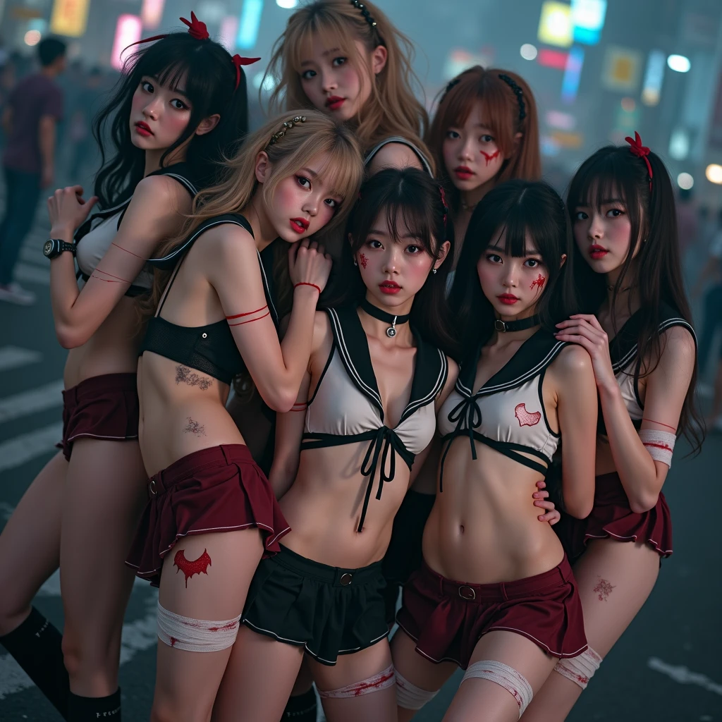 (((SFW, NSFW STILL SHOW, 12 Tiny Girls in a row:1.2, Shibuya Hachiko-mae scramble crossing on Halloween:1.2))), (masterpiece:1.2, best quality, photorealistic:1.37), {(Standing Full Body:1.2)|(from below:1.2)}, short silver hair, {School Uniform|naked bandage|tutu}, ((Detailed KAWAII face, Detailed Oily Porcelain skin)), {Bustling street|(Passerby schoolgirls)| halloween| neon}, {(Childish:1.2|Gigantic Cleavage:1.37|Underboob:1.2)}, {flower wreath|Red leather high collar}, {Floating hair|Strong wind|(((Ass focus)))}, (((Skirtlift:1.0))), {(Kissing face to face)|:p|:d|laugh|sparkle|joyful|delighted},extremely Detailed,