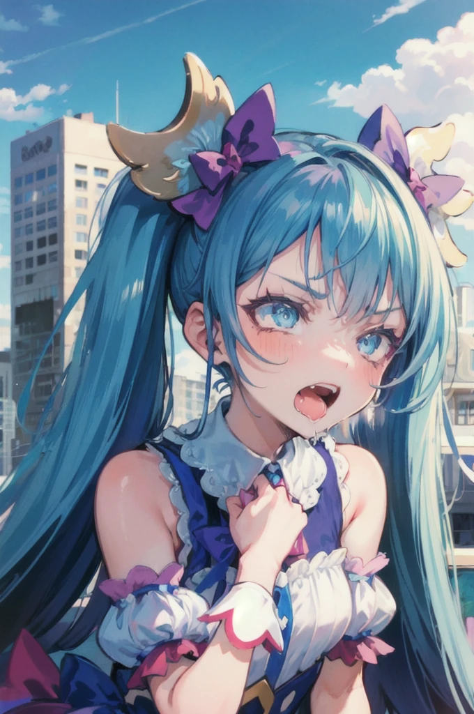 1girl, city, public, ahegao, drool, defeat, grabed head, cure sky,