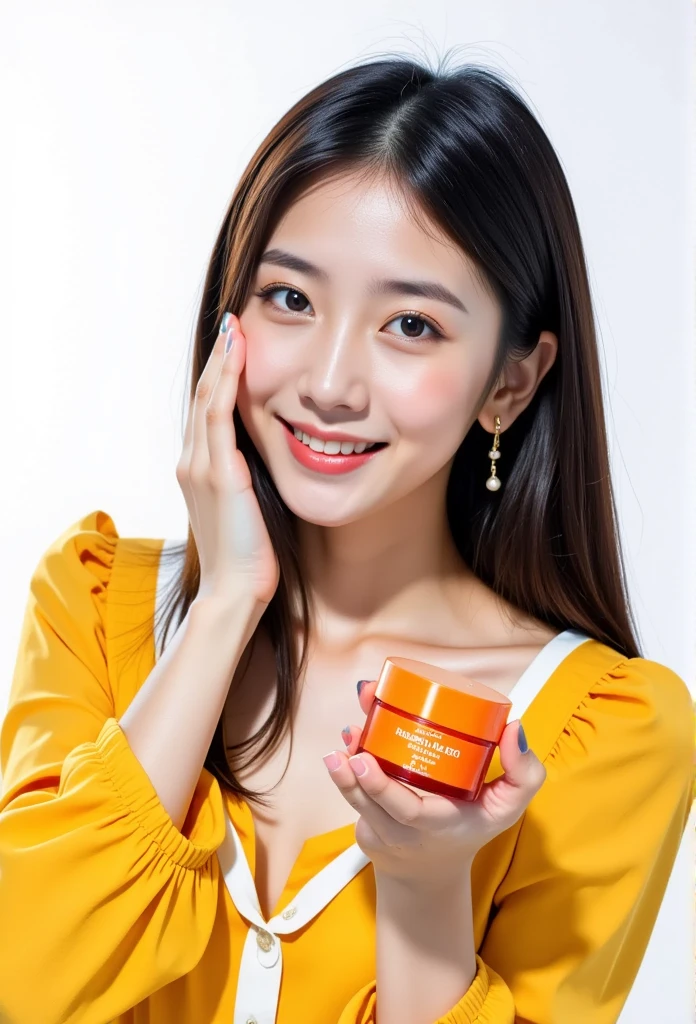 A vibrant skincare advertisement featuring a cheerful model applying cream to her cheek with her fingers. She holds an orange skincare jar labeled ‘Radian-C Cream’ in her other hand. The model has a bright, confident smile and wears a yellow puff-sleeve dress with white accents, creating a fresh and sunny vibe. The background is clean and minimalistic white, highlighting the product and the model’s glowing skin. The composition emphasizes warmth, happiness, and the product’s energizing properties.