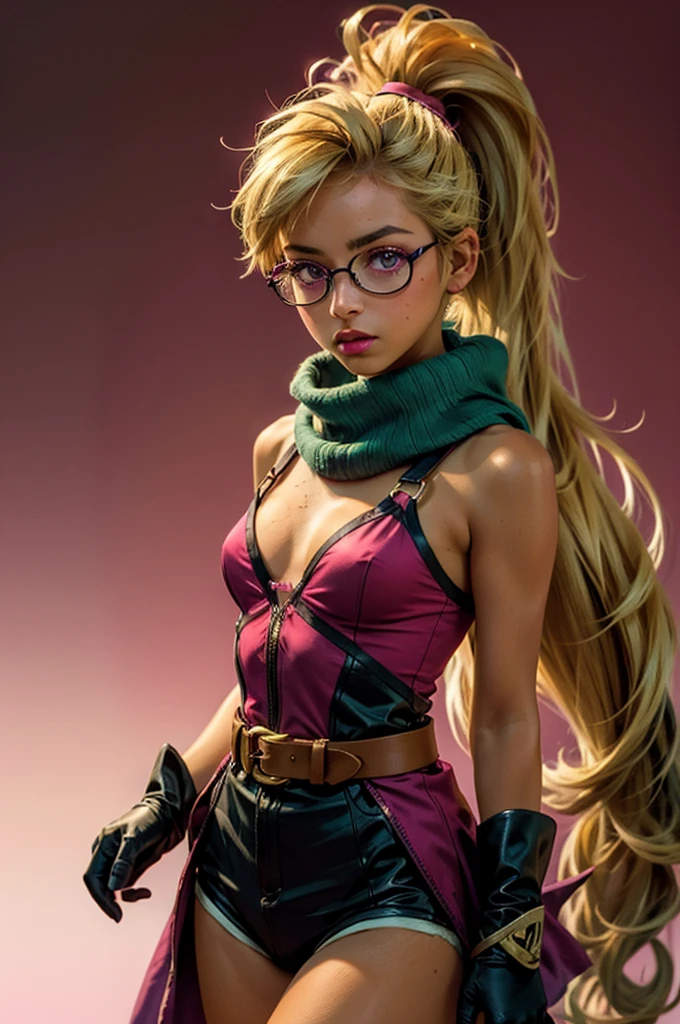 1girl, ((deep tan skin)), (glasses), freckles, eyebrow scar, (((blonde hair))), two-tone hair, dark fuchsia tips, dark fuchsia highlights, (dark fuchsia eyes), wild hair, (((ponytail))), dark fuchsia clothes, dark orange clothes, flat chest, small breasts, large mauve scarf, asymmetrical gloves, belts, greenscreen background, blank background
