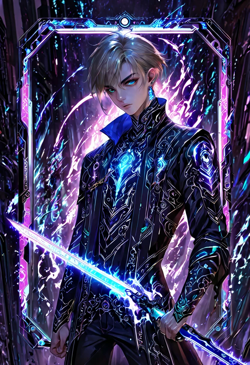 armed,weapon, holding weapon,stylish boy, beauty face, fantasy character, aura art, ethereal atomosphere,interface design, digital artwork, futuristic design, glow neon, glow button, inside futuristic rectangular frame, he fight with glowing sword, global illuminaton, energy burst from sword,