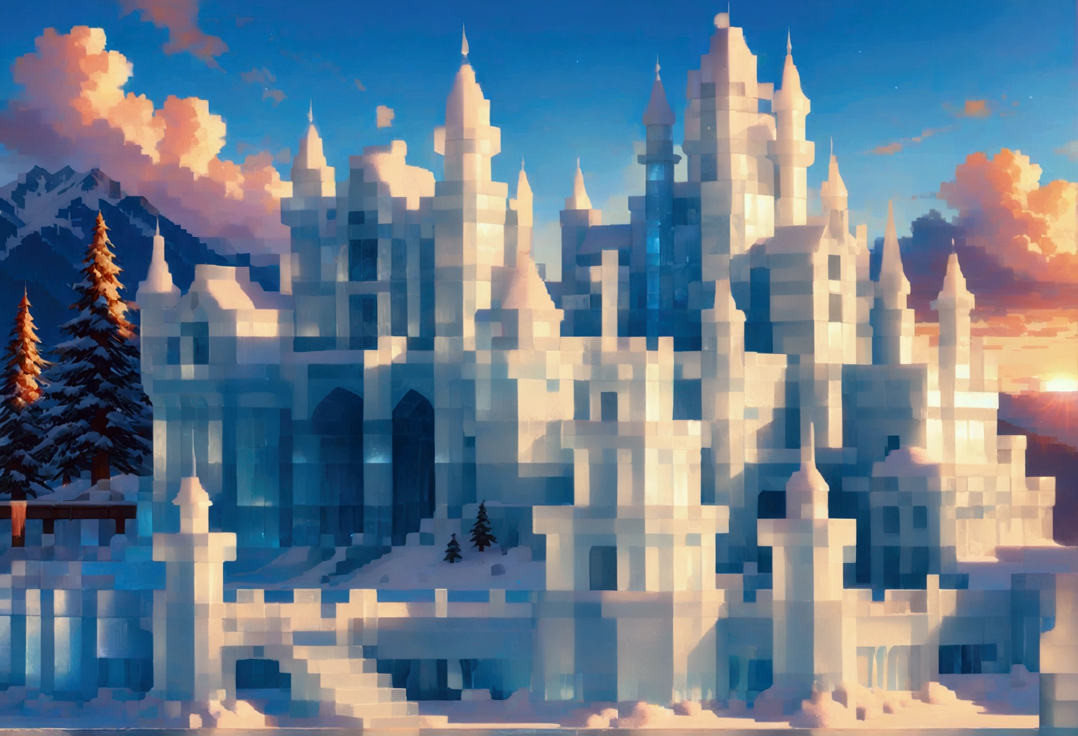 Pixel Art, a panoramic award winning photography, Photorealistic, extremely detailed of a castle (made from ice: 1.3) standing on the peak of a snowy mountain, an impressive best detailed castle made from ice (Photorealistic, extremely detailed), with towers, bridges, a moat, standing on top of a snowy mountain (masterpiece, extremely detailed, best quality), with pine trees, sunset light, some clouds in the air,  alpine mountain range background, best realistic, best details, best quality, 16k, [ultra detailed], masterpiece, best quality, (extremely detailed), ultra wide shot, photorealism, depth of field, made of icecarvingcd_xl, Pixel Art
