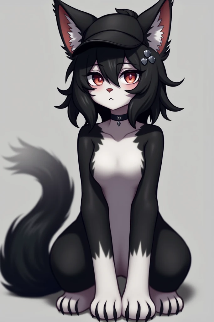 Solo, score_9,score_8_up,score_7_up, kemono style, a young nerdy Anthro furry wolf woman, wolf snout, white furry body, tall, long black messy hair, black hair, hair in a pony tail, hair covering one eye, white wolf tail, blue eyes, white wolf ears, white wolf tail, small breasts, naked, feet paws, 4 toes, plantigrade, pouting, side view, standing