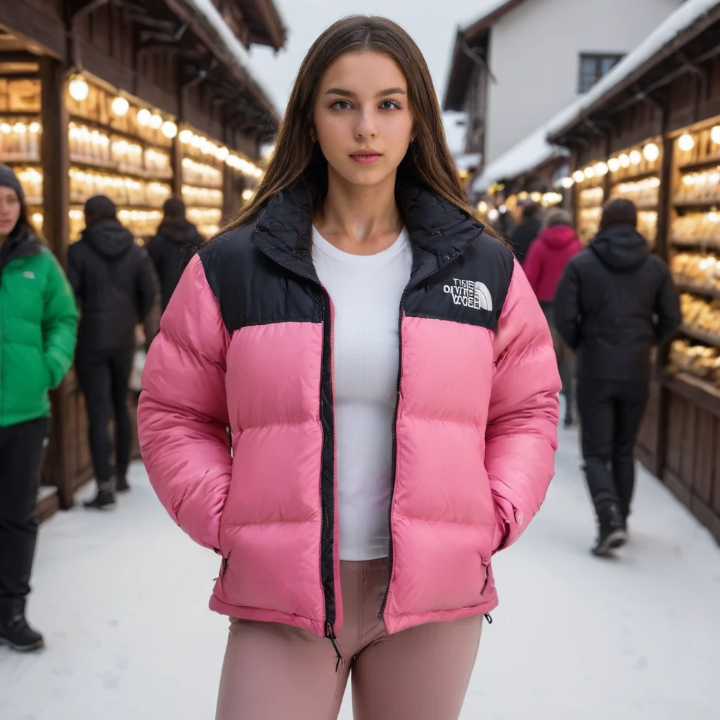  young girl, s,  big breasts,  have long brown hair ,  wears pink TNF _Nuptse Jacket,  wears a white top underneath,  wears very tight gray leggings,  strolls through Christmas market, Glühwein in hand 