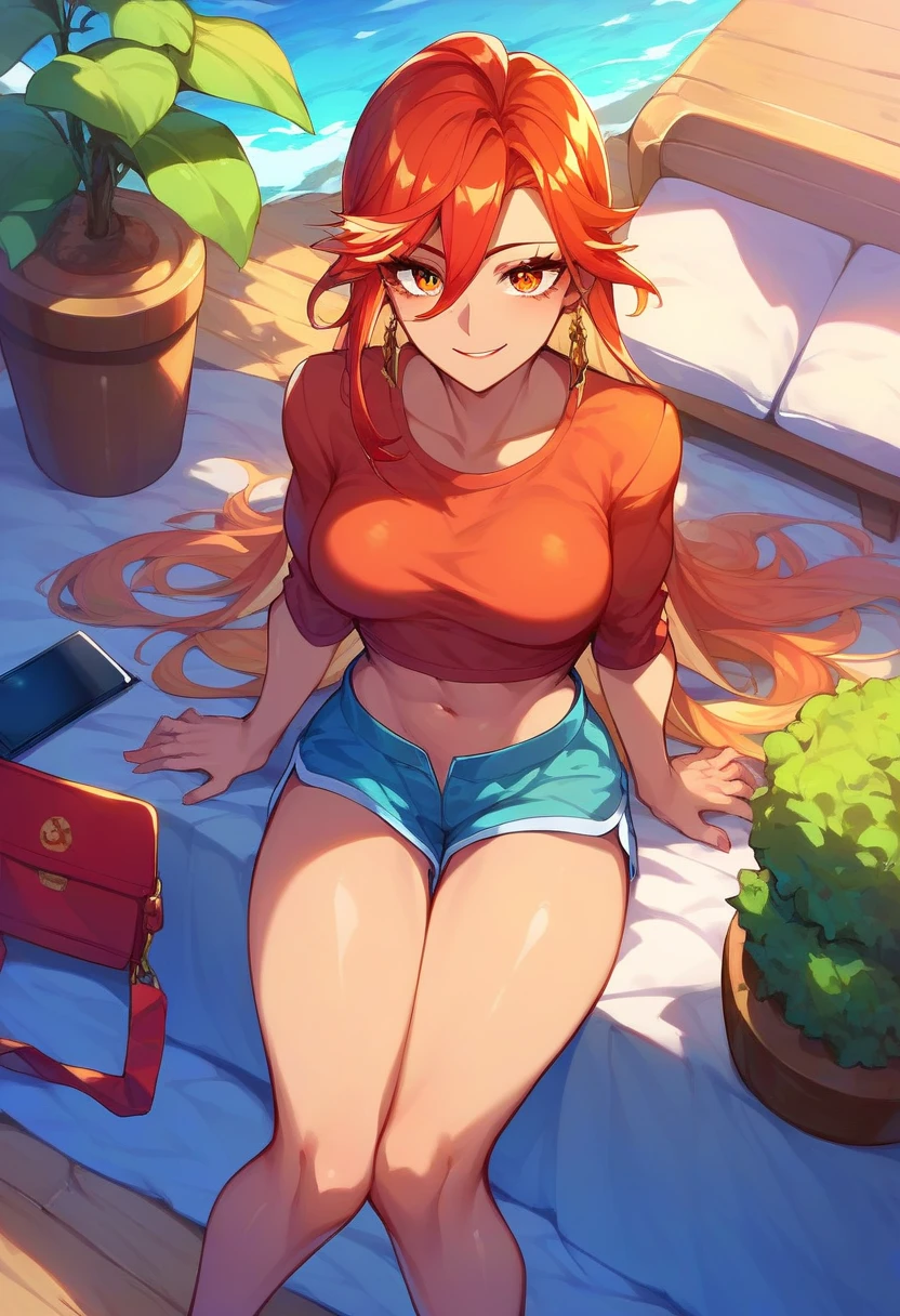 sCore_9,sCore_8_above,Core_7_above,   mavuika-gi   ,  a girl, d cup breasts, alone, long hair, neckline,   pechos grandes , sky, blows, smile, outdoors, Body, day, soft thighs, adult, wearing a sweatshirt and shorts, working on a laptop, living room, home